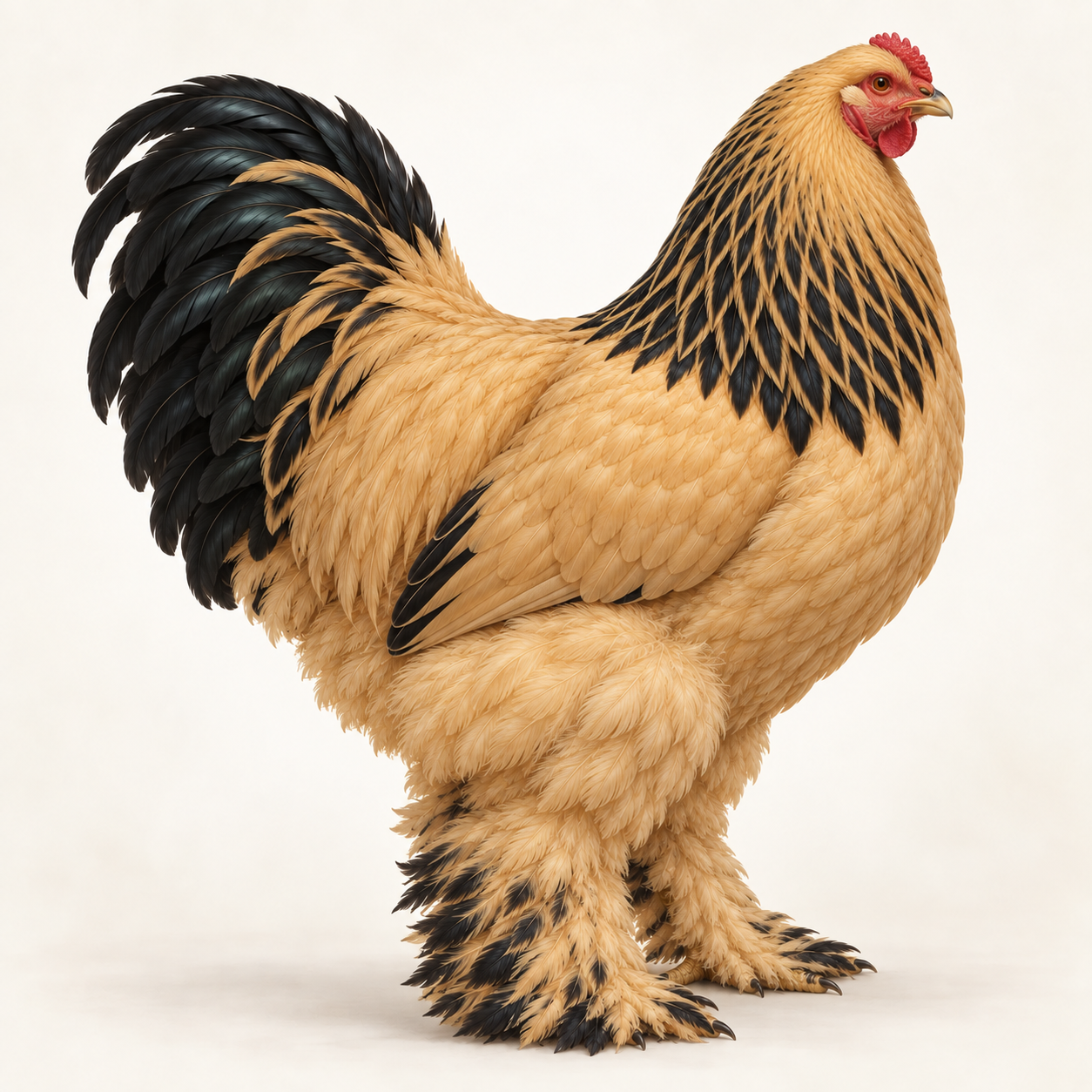Brahma Buff em perfil, com plumagem dourada e marcações escuras