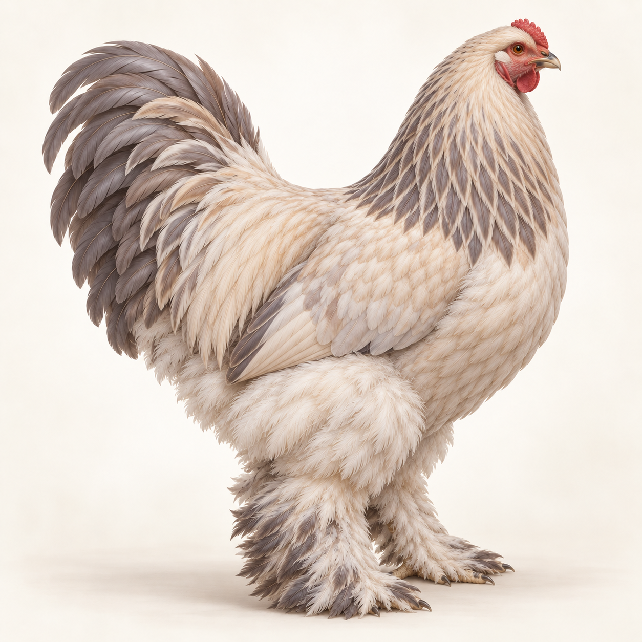 Brahma Isabela em perfil, com plumagem clara e diluída