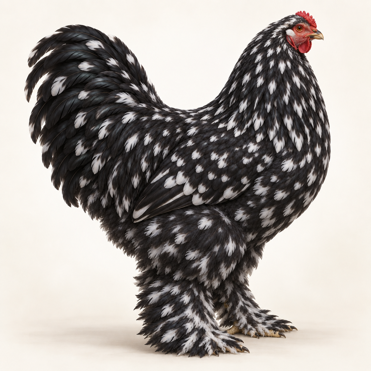 Brahma Mottled preta com pontas e manchas brancas